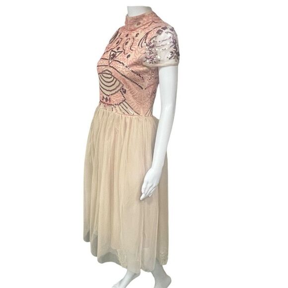 Boohoo B Embellished Skater Fair Core Cap Sleeve High Neck Tutu Botton Nude Dres - Picture 3 of 6